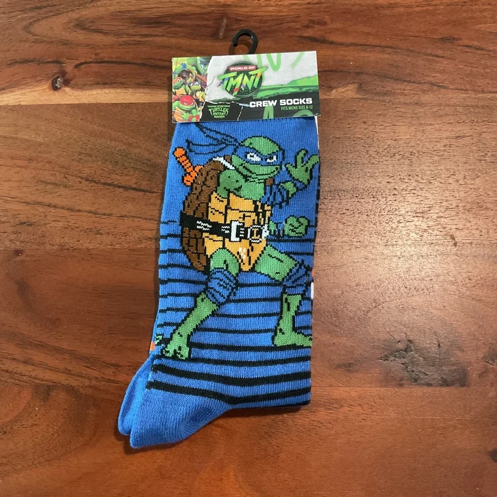 NEW Nickelodeon TMNT‎ Leonardo Crew Socks Mens 6-12 Blue Striped Mutant Mayhem